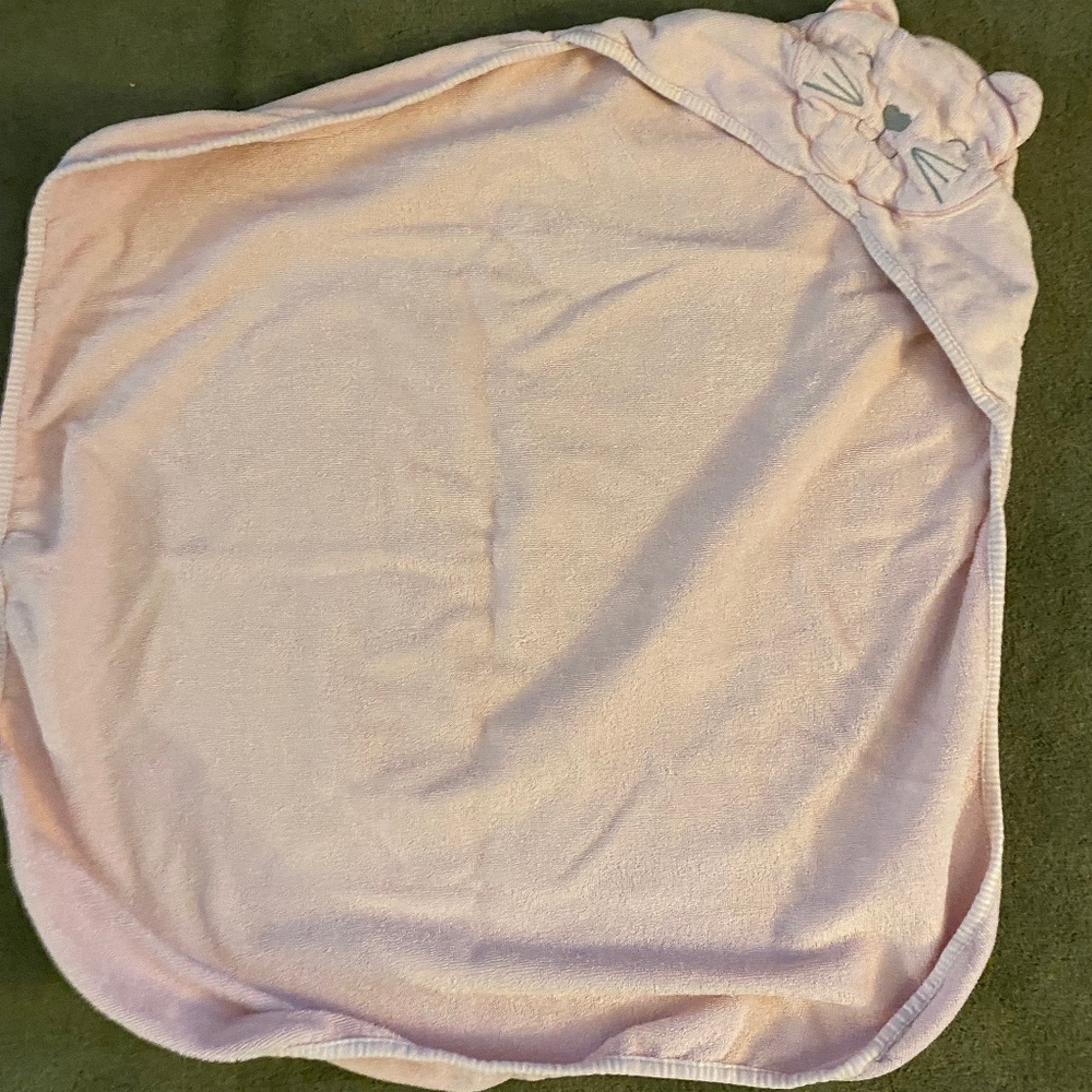 2 VGUC baby bath towels pink cat, gray elephant